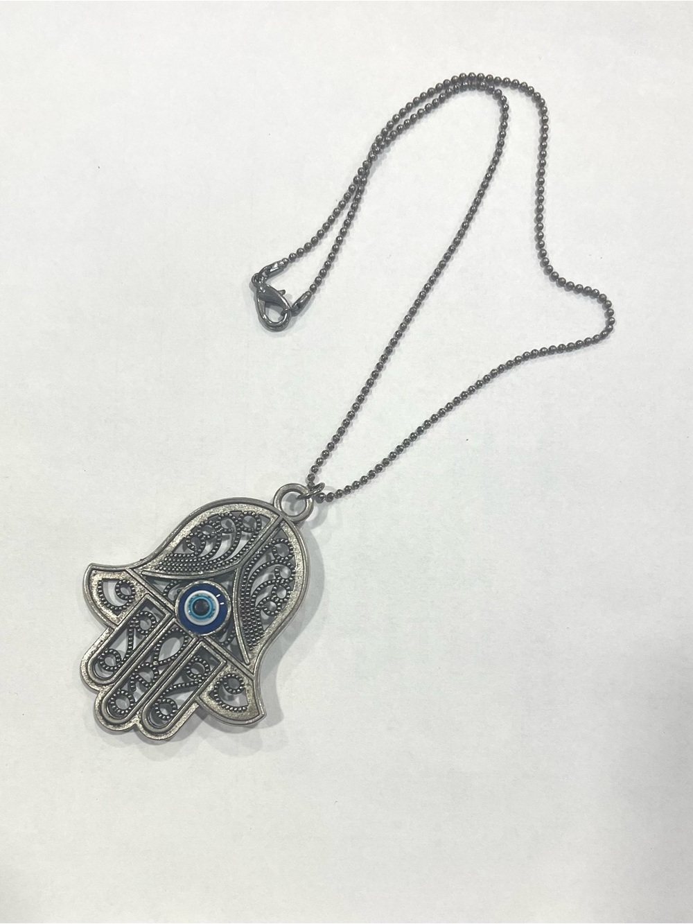 Silver Hamsa Hand Pendant Necklace with Blue Evil Eye